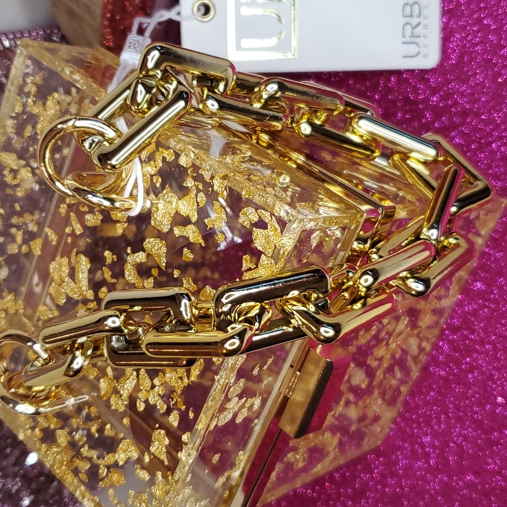 🎉HP🎉Urban Expressions 💜NWT💜 Acrylic Gold Foil Box Bag & Gold Chain Handle! - Picture 14 of 15